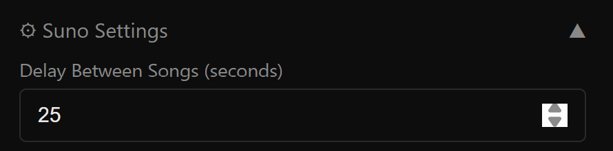 VibeLedger Suno Settings showing Delay Between Songs set to 25 seconds