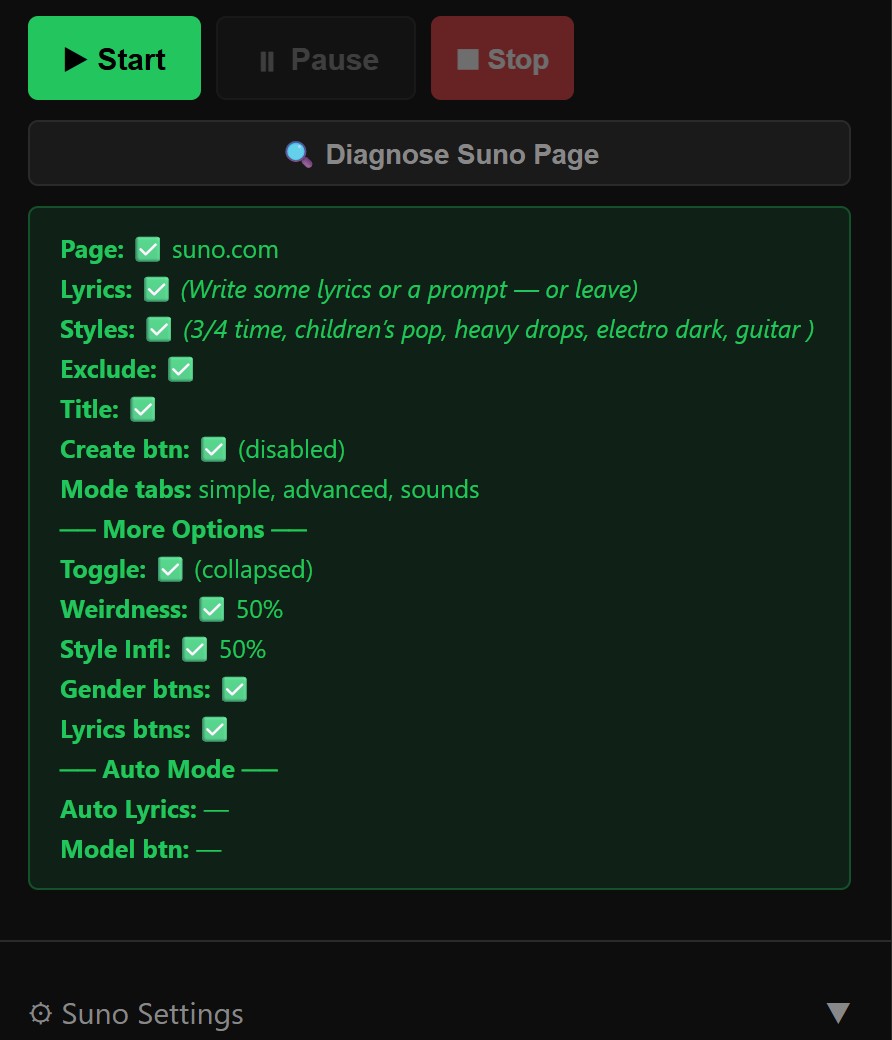 VibeLedger Diagnose Suno Page results showing all green checkmarks for Page, Lyrics, Styles, Exclude, Title, Create button, Mode tabs, More Options, Weirdness, Style Influence, Gender and Lyrics buttons