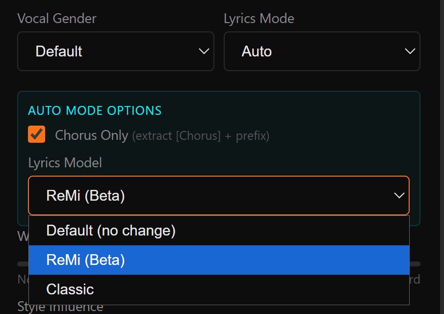 VibeLedger Lyrics Model dropdown showing three options: Default no change, ReMi Beta highlighted in blue, and Classic
