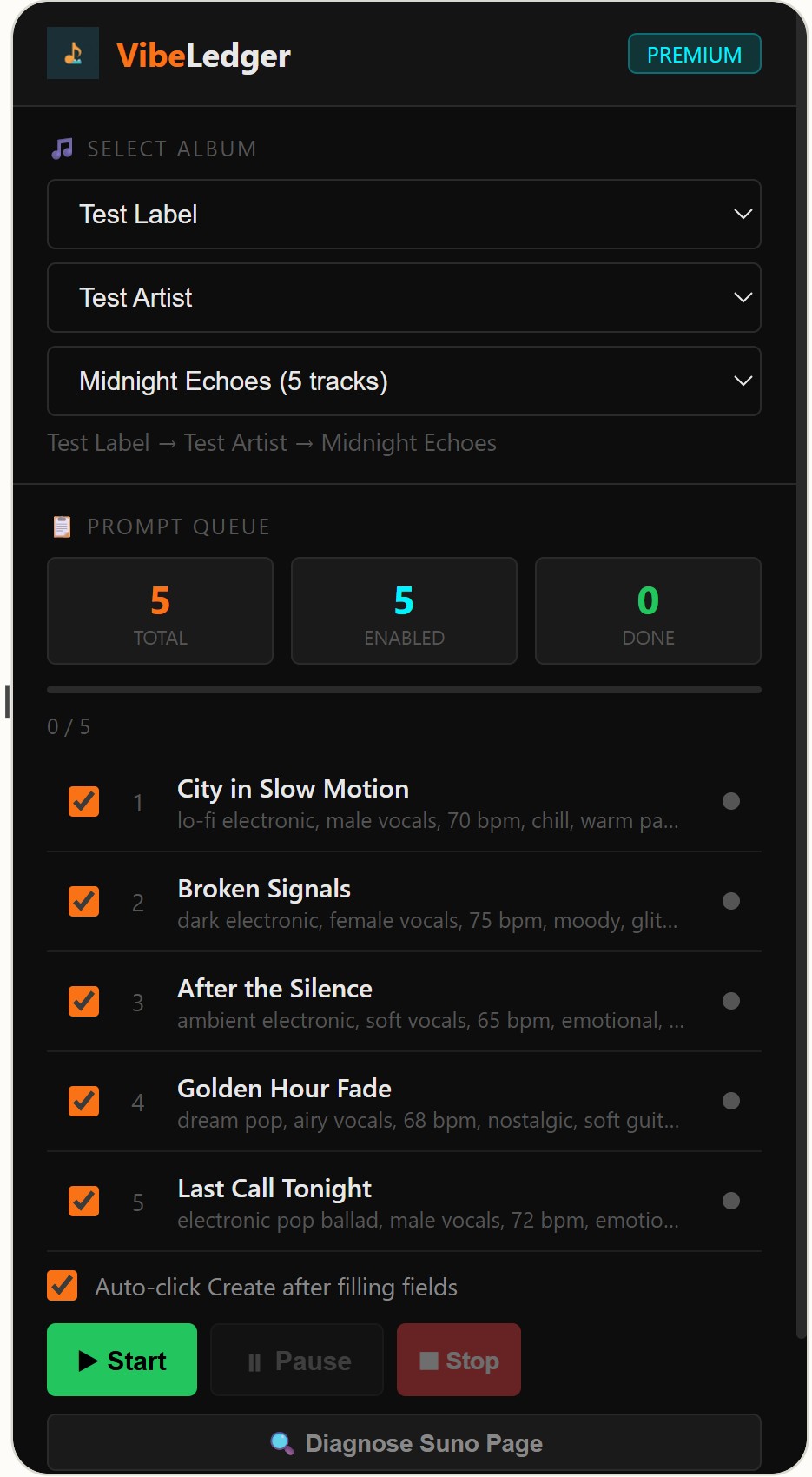 VibeLedger Suno Prompter sidepanel showing album selector with Label, Artist, Album dropdowns and a 5-track prompt queue with titles like City in Slow Motion and Broken Signals