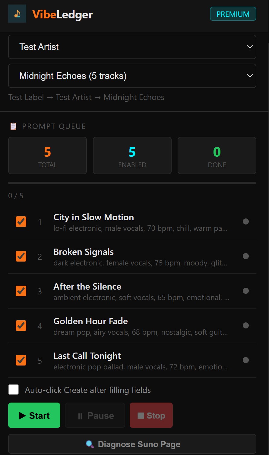 VibeLedger Suno Settings panel showing Lyrics Mode set to Auto, Auto Mode Options section with Chorus Only checkbox checked and Lyrics Model set to ReMi Beta, plus Weirdness at 55% and Style Influence at 66%