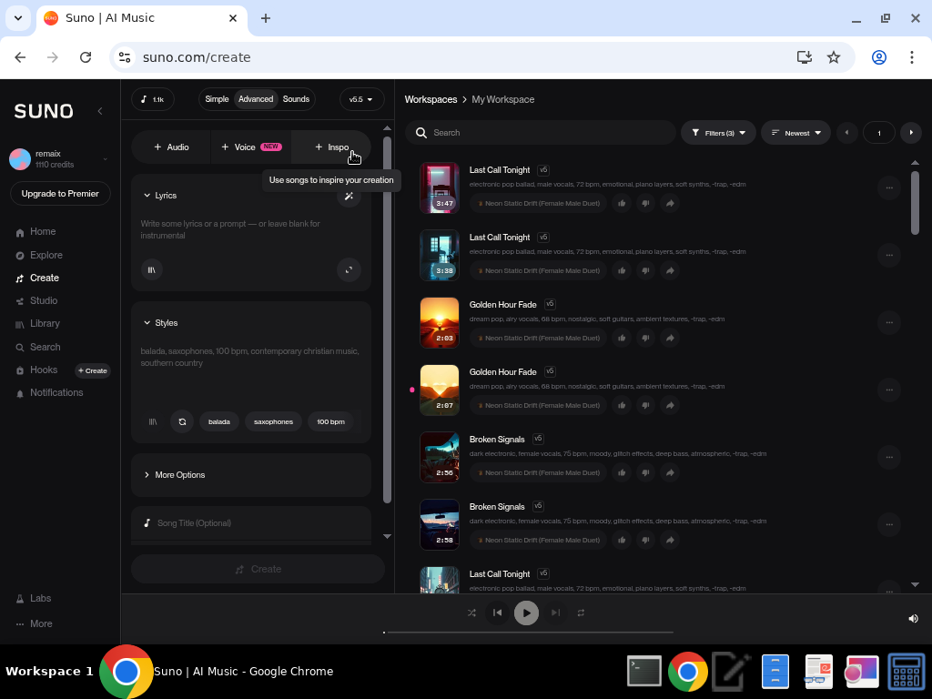 Suno.com Advanced mode creation page showing the lyrics textarea on the left and style of music field, with More Options collapsed and a Create button at the bottom
