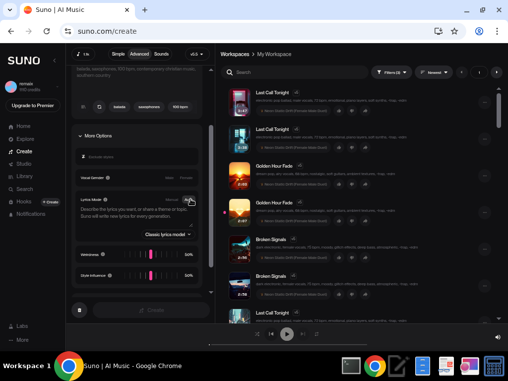 Suno.com Auto lyrics mode showing a description textarea with placeholder text Describe the lyrics you want and a Classic lyrics model dropdown selector
