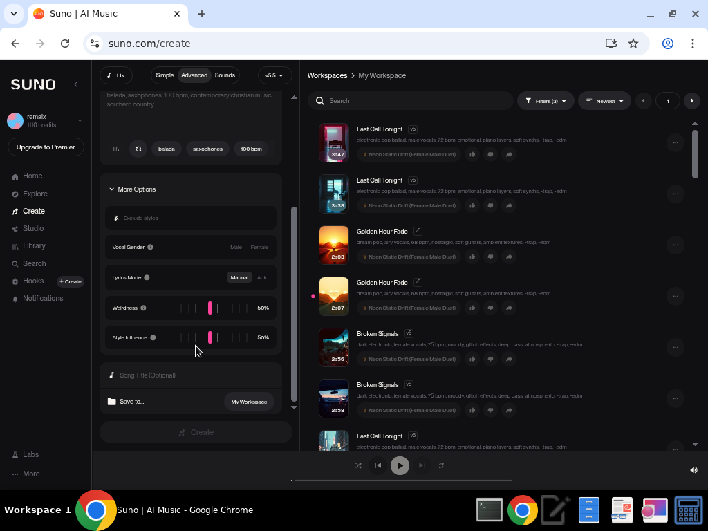 Suno.com More Options expanded showing Exclude styles input, Vocal Gender buttons for Male and Female, Lyrics Mode buttons for Manual and Auto, Weirdness slider at 50%, Style Influence slider at 50%, Song Title field, and Create button